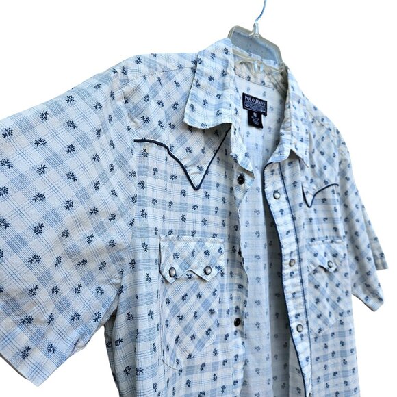 Ralph Lauren Polo Jeans Western Pearl Snap Shirt M Blue White Short Sleeve Y2K - Picture 8 of 11
